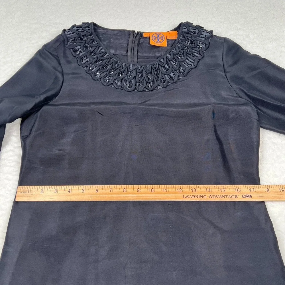 Tory Burch Shift Dress Womens 8 Black‎ 100% Silk Beaded Trim Cocktail 3/4 Sleeve